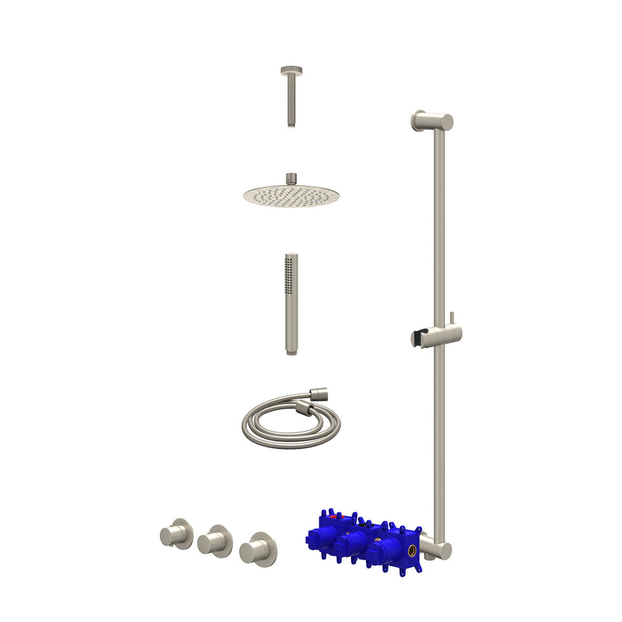 IVY Regendoucheset inbouwthermostaatkraan met 2 vaste stopkranen symmetry, plafondbuis 15cm, R20cmSL, glijstang met uitlaat, doucheslang 150cm en staafmodel – Gebr. nickel PVD