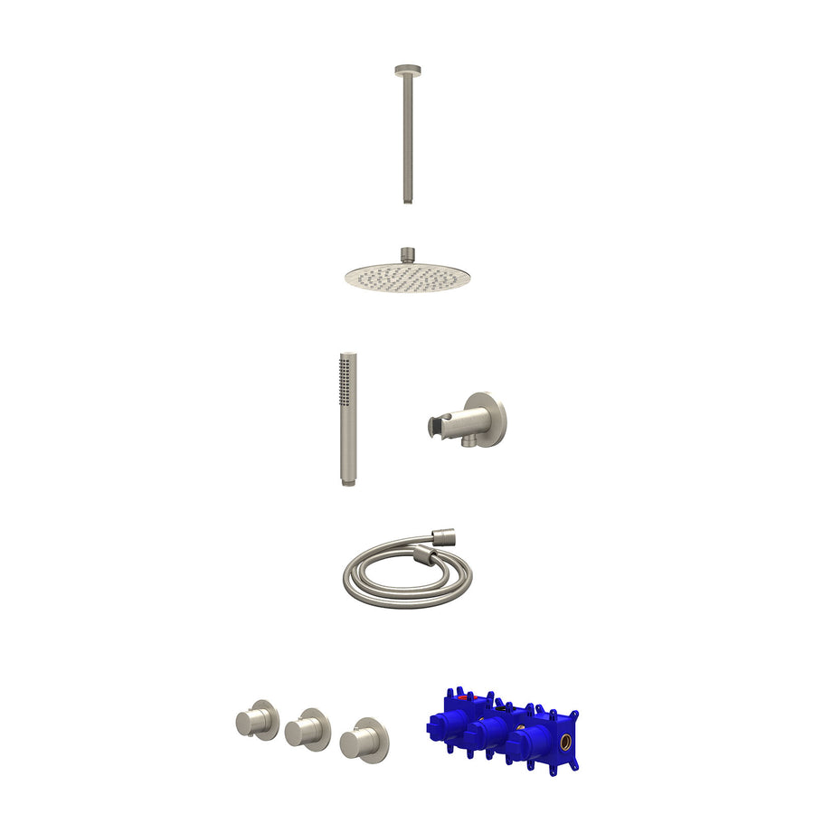 IVY Regendoucheset inbouwthermostaatkraan met 2 vaste stopkranen symmetry, plafondbuis 30cm, R20cmSL, houder met uitlaat, doucheslang 150cm en staafmodel – Gebr. nickel PVD