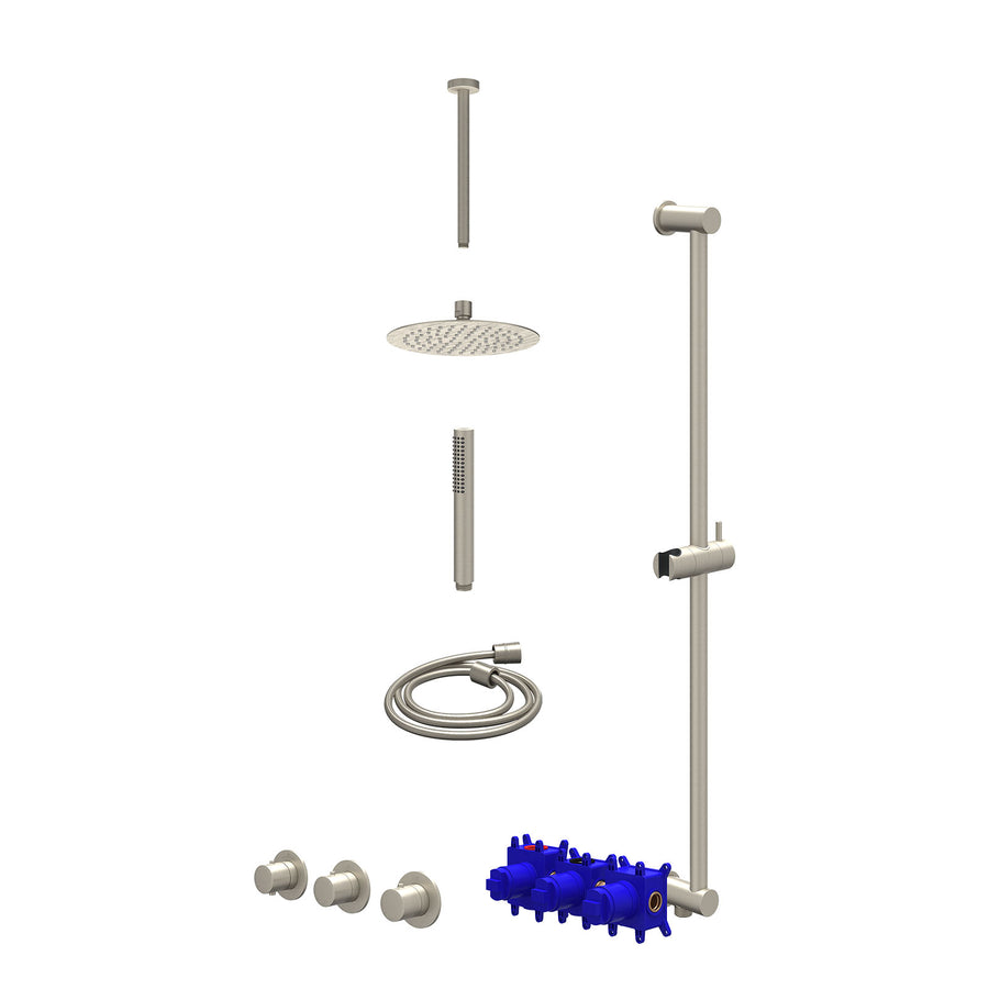 IVY Regendoucheset inbouwthermostaatkraan met 2 vaste stopkranen symmetry, plafondbuis 30cm, R20cmSL, glijstang met uitlaat, doucheslang 150cm en staafmodel – Gebr. nickel PVD