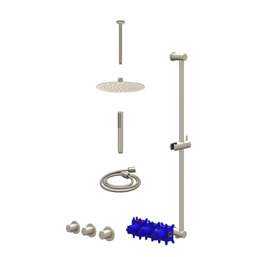 IVY Regendoucheset inbouwthermostaatkraan met 2 vaste stopkranen symmetry, plafondbuis 30cm, R25cmSL, glijstang met uitlaat, doucheslang 150cm en staafmodel – Gebr. nickel PVD