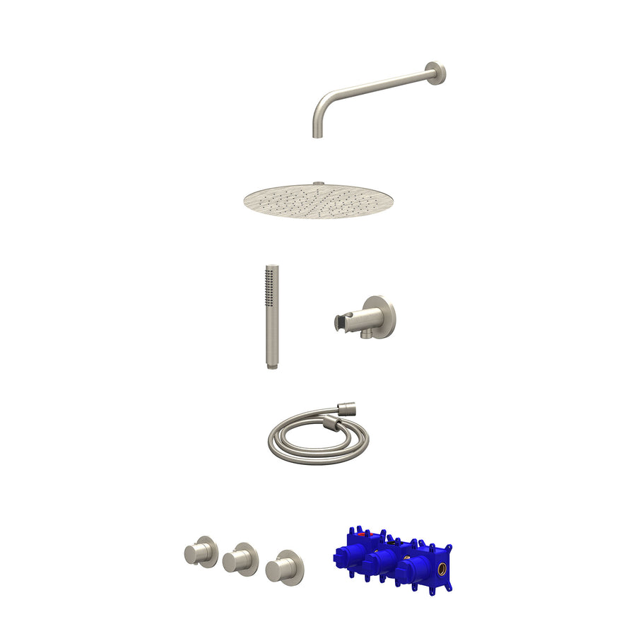 IVY Regendoucheset inbouwthermostaatkraan met 2 vaste stopkranen symmetry, wandarm, R30cmSL, houder met uitlaat, doucheslang 150cm en staafmodel – Gebr. nickel PVD
