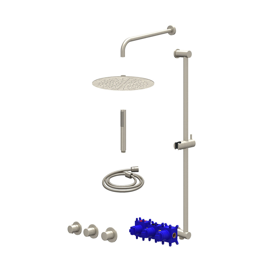 IVY Regendoucheset inbouwthermostaatkraan met 2 vaste stopkranen symmetry, wandarm, R30cmSL, glijstang met uitlaat, doucheslang 150cm en staafmodel – Gebr. nickel PVD