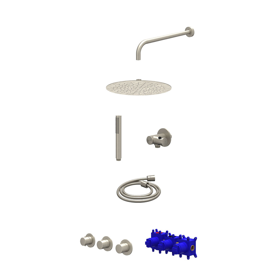 IVY Regendoucheset inbouwthermostaatkraan met 2 vaste stopkranen symmetry, wandarm, R30cmSL, verstelbare steun met geïnt. uitlaat, doucheslang 150cm en staafmodel – Gebr. nickel PV
