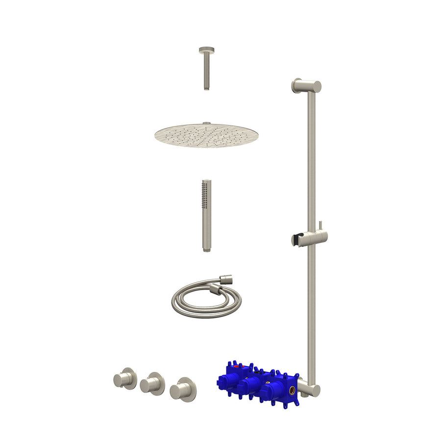 IVY Regendoucheset inbouwthermostaatkraan met 2 vaste stopkranen symmetry, plafondbuis 15cm, R30cmSL, glijstang met uitlaat, doucheslang 150cm en staafmodel – Gebr. nickel PVD