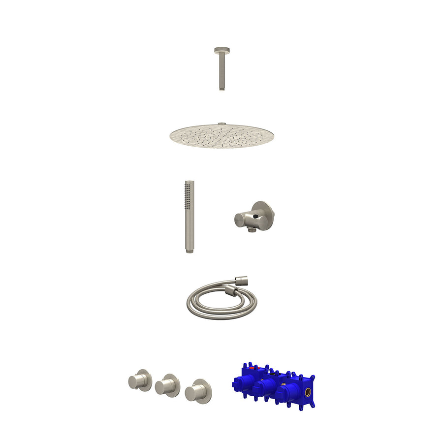 IVY Regendoucheset inbouwthermostaatkraan met 2 vaste stopkranen symmetry, plafondbuis 15cm, R30cmSL, verstelbare steun met geïnt. uitlaat, doucheslang 150cm en staafmodel – Gebr. 