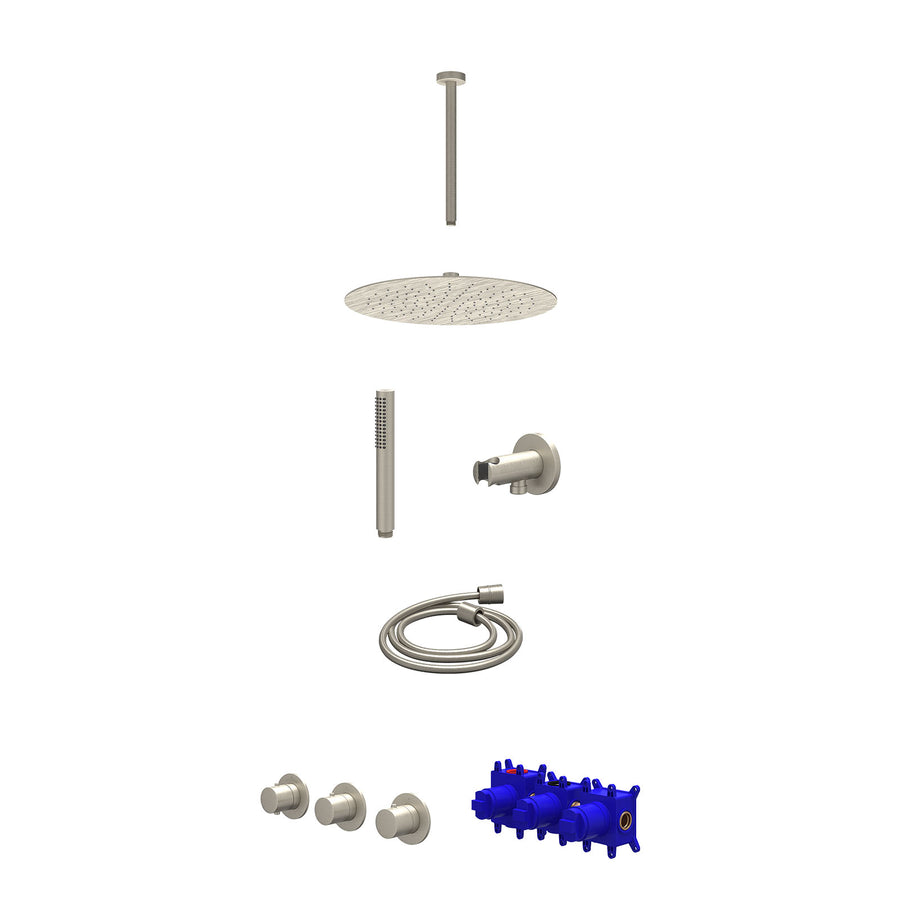 IVY Regendoucheset inbouwthermostaatkraan met 2 vaste stopkranen symmetry, plafondbuis 30cm, R30cmSL, houder met uitlaat, doucheslang 150cm en staafmodel – Gebr. nickel PVD