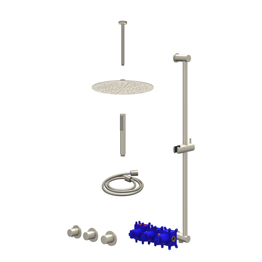 IVY Regendoucheset inbouwthermostaatkraan met 2 vaste stopkranen symmetry, plafondbuis 30cm, R30cmSL, glijstang met uitlaat, doucheslang 150cm en staafmodel – Gebr. nickel PVD