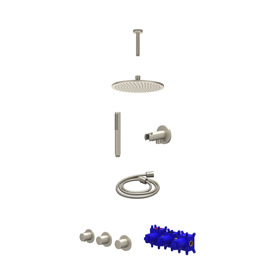 IVY Regendoucheset inbouwthermostaatkraan met 2 vaste stopkranen symmetry, plafondbuis 15cm, R25cmME, houder met uitlaat, doucheslang 150cm en staafmodel – Gebr. nickel PVD