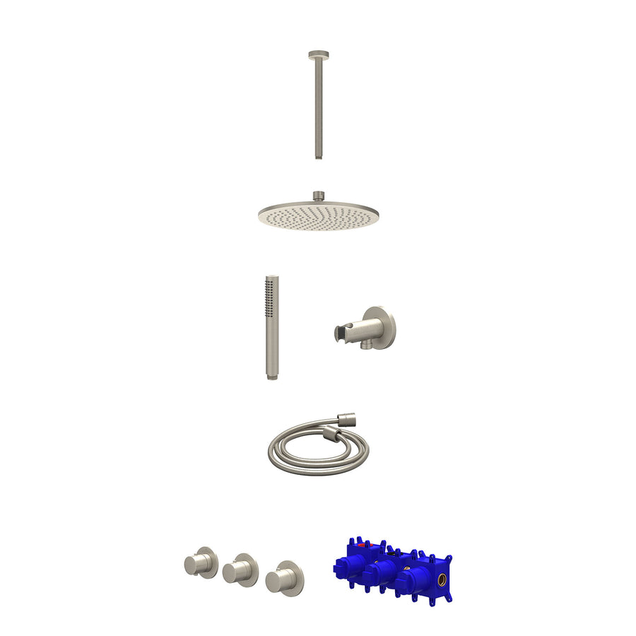 IVY Regendoucheset inbouwthermostaatkraan met 2 vaste stopkranen symmetry, plafondbuis 30cm, R25cmME, houder met uitlaat, doucheslang 150cm en staafmodel – Gebr. nickel PVD