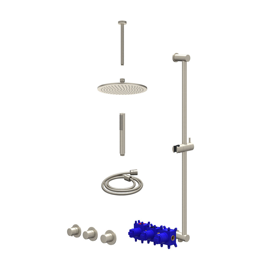 IVY Regendoucheset inbouwthermostaatkraan met 2 vaste stopkranen symmetry, plafondbuis 30cm, R25cmME, glijstang met uitlaat, doucheslang 150cm en staafmodel – Gebr. nickel PVD