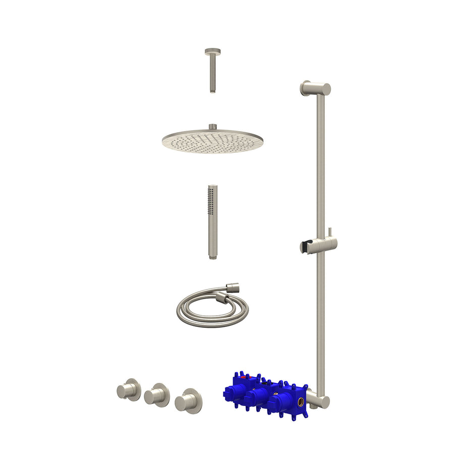 IVY Regendoucheset inbouwthermostaatkraan met 2 vaste stopkranen symmetry, plafondbuis 15cm, R30cmME, glijstang met uitlaat, doucheslang 150cm en staafmodel – Gebr. nickel PVD