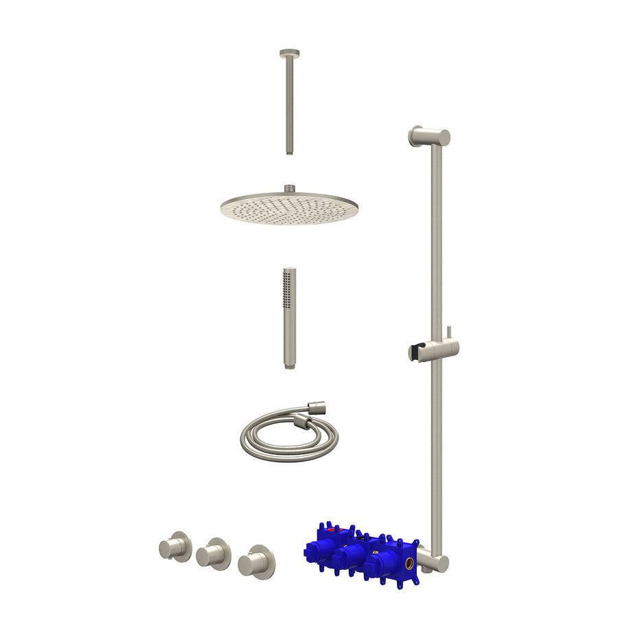 IVY Regendoucheset inbouwthermostaatkraan met 2 vaste stopkranen symmetry, plafondbuis 30cm, R30cmME, glijstang met uitlaat, doucheslang 150cm en staafmodel – Gebr. nickel PVD