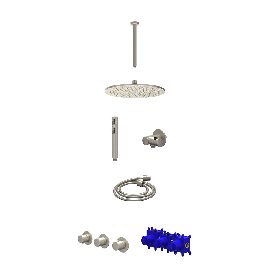 IVY Regendoucheset inbouwthermostaatkraan met 2 vaste stopkranen symmetry, plafondbuis 30cm, R30cmME, verstelbare steun met geïnt. uitlaat, doucheslang 150cm en staafmodel – Gebr. 