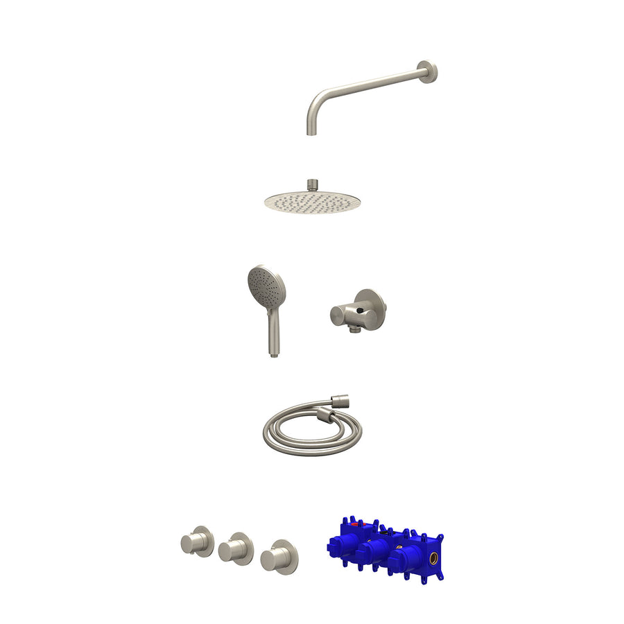 IVY Regendoucheset inbouwthermostaatkraan met 2 vaste stopkranen symmetry, wandarm, R20cmSL, verstelbare steun met geïnt. uitlaat, doucheslang 150cm en 3-standen handdouche – Gebr.