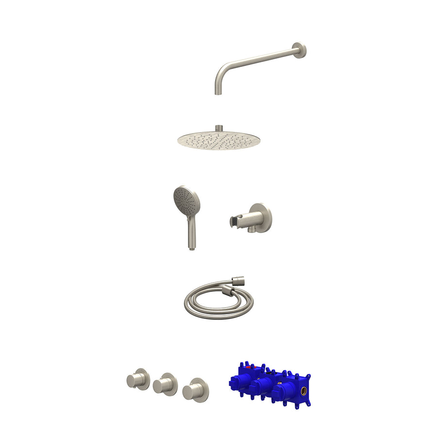 IVY Regendoucheset inbouwthermostaatkraan met 2 vaste stopkranen symmetry, wandarm, R25cmSL, houder met uitlaat, doucheslang 150cm en 3-standen handdouche – Gebr. nickel PVD