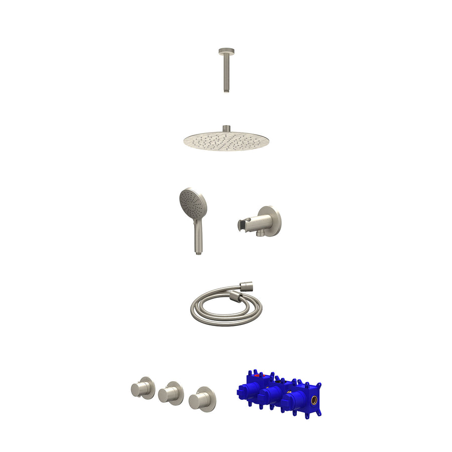 IVY Regendoucheset inbouwthermostaatkraan met 2 vaste stopkranen symmetry, plafondbuis 15cm, R25cmSL, houder met uitlaat, doucheslang 150cm en 3-standen handdouche – Gebr. nickel P