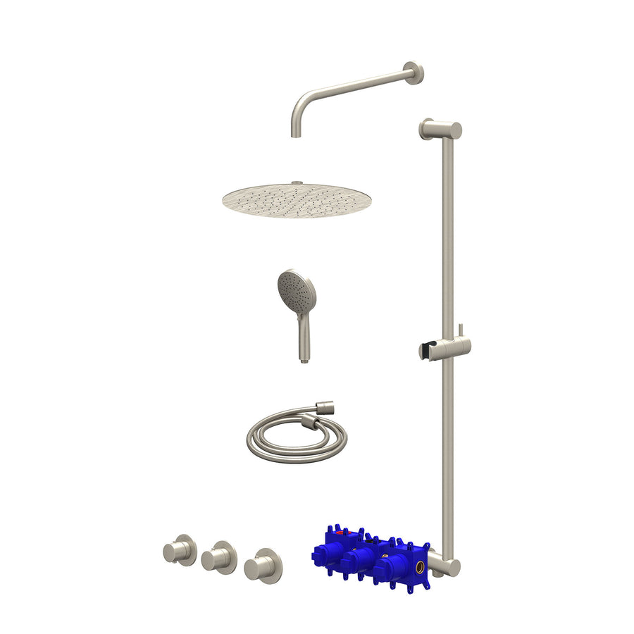 IVY Regendoucheset inbouwthermostaatkraan met 2 vaste stopkranen symmetry, wandarm, R30cmSL, glijstang met uitlaat, doucheslang 150cm en 3-standen handdouche – Gebr. nickel PVD