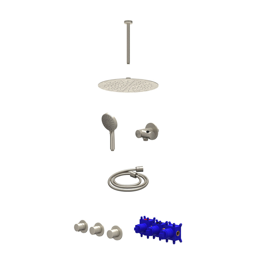 IVY Regendoucheset inbouwthermostaatkraan met 2 vaste stopkranen symmetry, plafondbuis 30cm, R30cmSL, verstelbare steun met geïnt. uitlaat, doucheslang 150cm en 3-standen handdouch