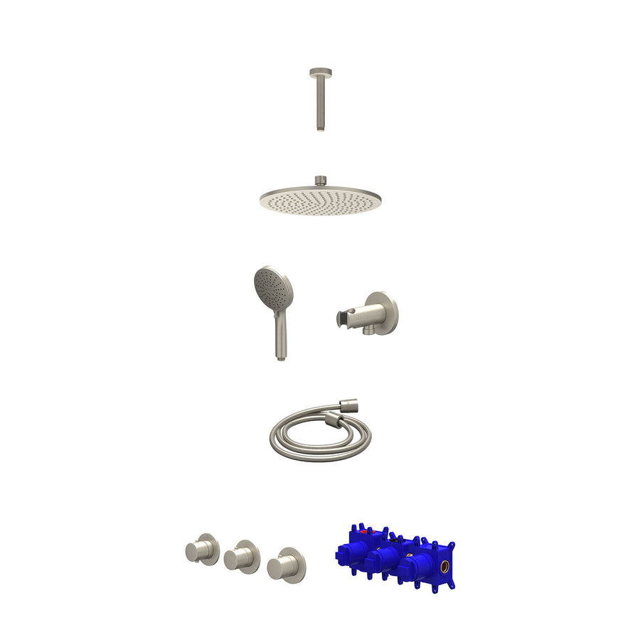 IVY Regendoucheset inbouwthermostaatkraan met 2 vaste stopkranen symmetry, plafondbuis 15cm, R25cmME, houder met uitlaat, doucheslang 150cm en 3-standen handdouche – Gebr. nickel P