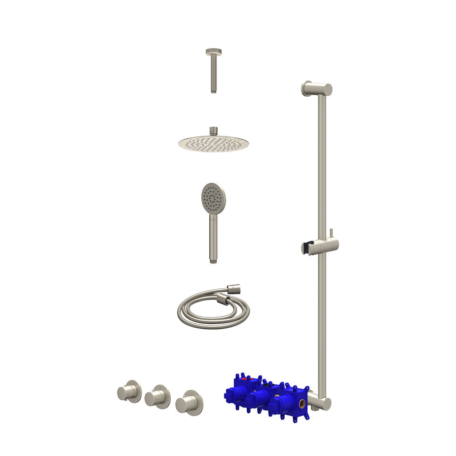 IVY Regendoucheset inbouwthermostaatkraan met 2 vaste stopkranen symmetry, plafondbuis 15cm, R20cmSL, glijstang met uitlaat, doucheslang 150cm en satin spray handdouche – Gebr. nic