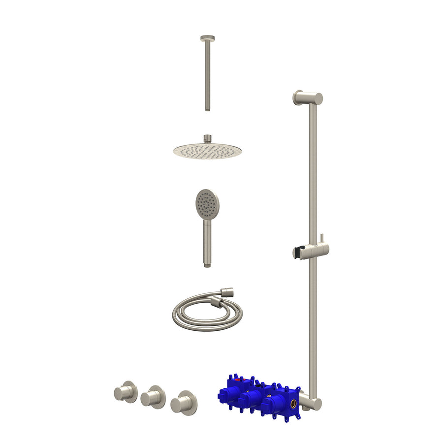IVY Regendoucheset inbouwthermostaatkraan met 2 vaste stopkranen symmetry, plafondbuis 30cm, R20cmSL, glijstang met uitlaat, doucheslang 150cm en satin spray handdouche – Gebr. nic