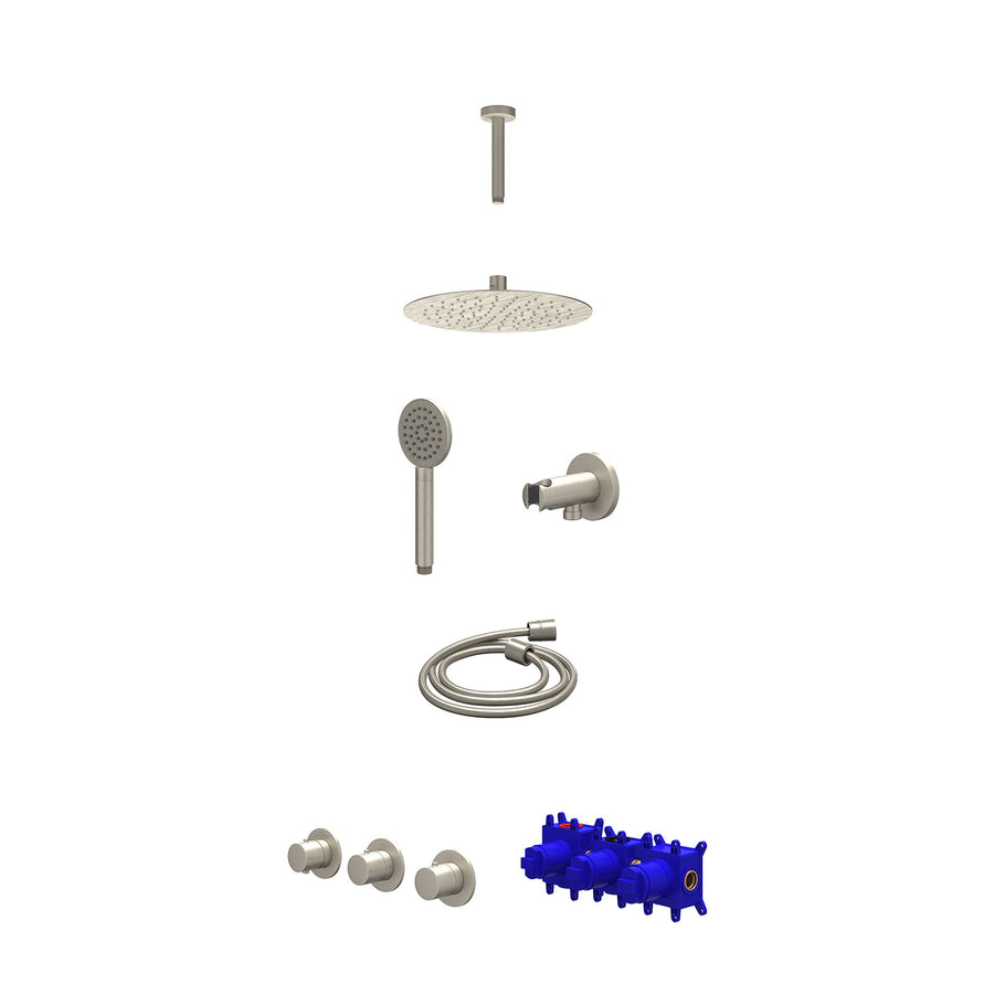 IVY Regendoucheset inbouwthermostaatkraan met 2 vaste stopkranen symmetry, plafondbuis 15cm, R25cmSL, houder met uitlaat, doucheslang 150cm en satin spray handdouche – Gebr. nickel