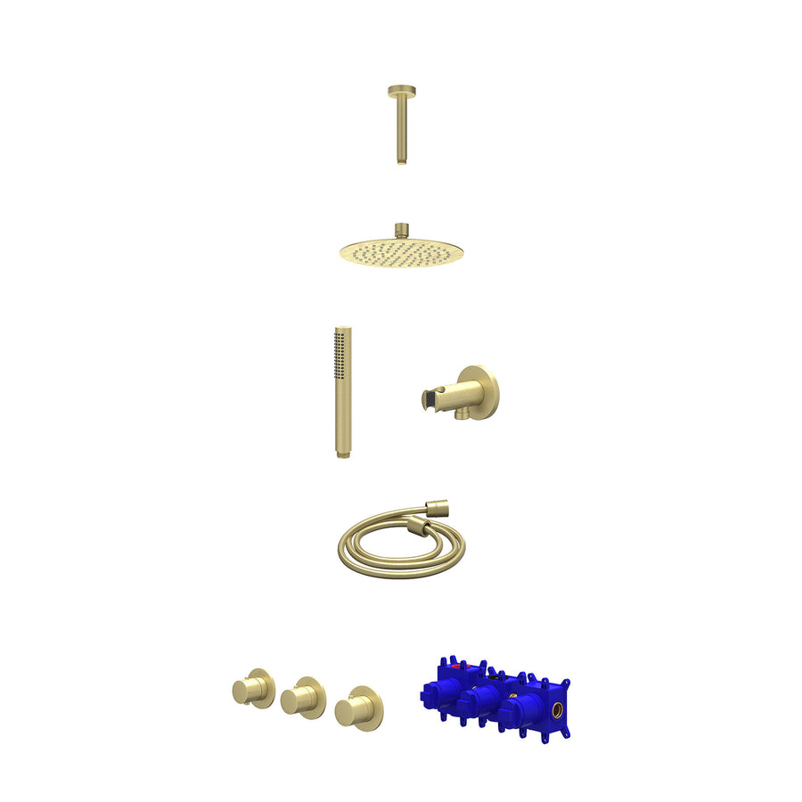 IVY Regendoucheset inbouwthermostaatkraan met 2 vaste stopkranen symmetry, plafondbuis 15cm, R20cmSL, houder met uitlaat, doucheslang 150cm en staafmodel – Gebr. mat goud PVD
