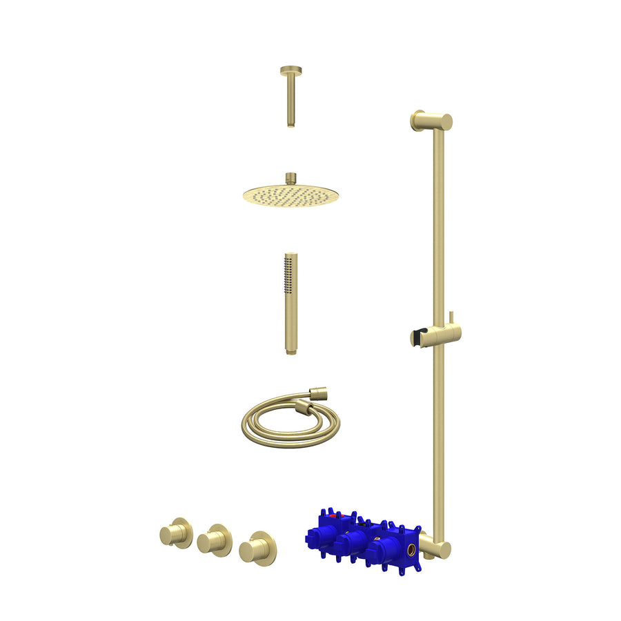 IVY Regendoucheset inbouwthermostaatkraan met 2 vaste stopkranen symmetry, plafondbuis 15cm, R20cmSL, glijstang met uitlaat, doucheslang 150cm en staafmodel – Gebr. mat goud PVD