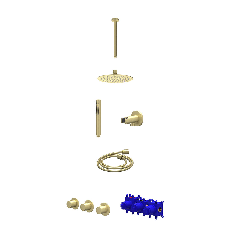 IVY Regendoucheset inbouwthermostaatkraan met 2 vaste stopkranen symmetry, plafondbuis 30cm, R20cmSL, houder met uitlaat, doucheslang 150cm en staafmodel – Gebr. mat goud PVD