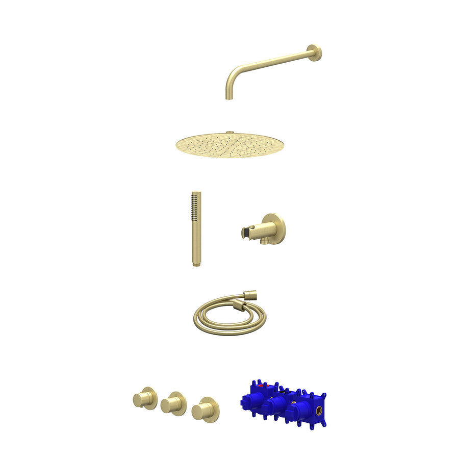 IVY Regendoucheset inbouwthermostaatkraan met 2 vaste stopkranen symmetry, wandarm, R30cmSL, houder met uitlaat, doucheslang 150cm en staafmodel – Gebr. mat goud PVD