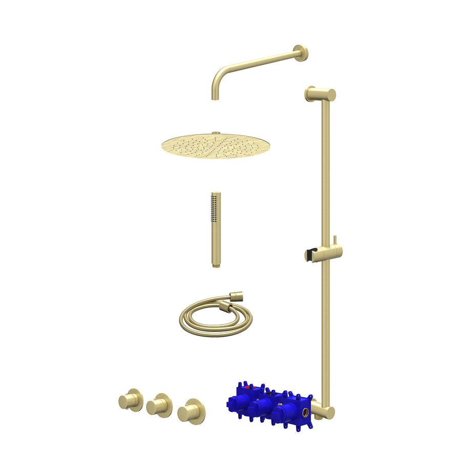 IVY Regendoucheset inbouwthermostaatkraan met 2 vaste stopkranen symmetry, wandarm, R30cmSL, glijstang met uitlaat, doucheslang 150cm en staafmodel – Gebr. mat goud PVD