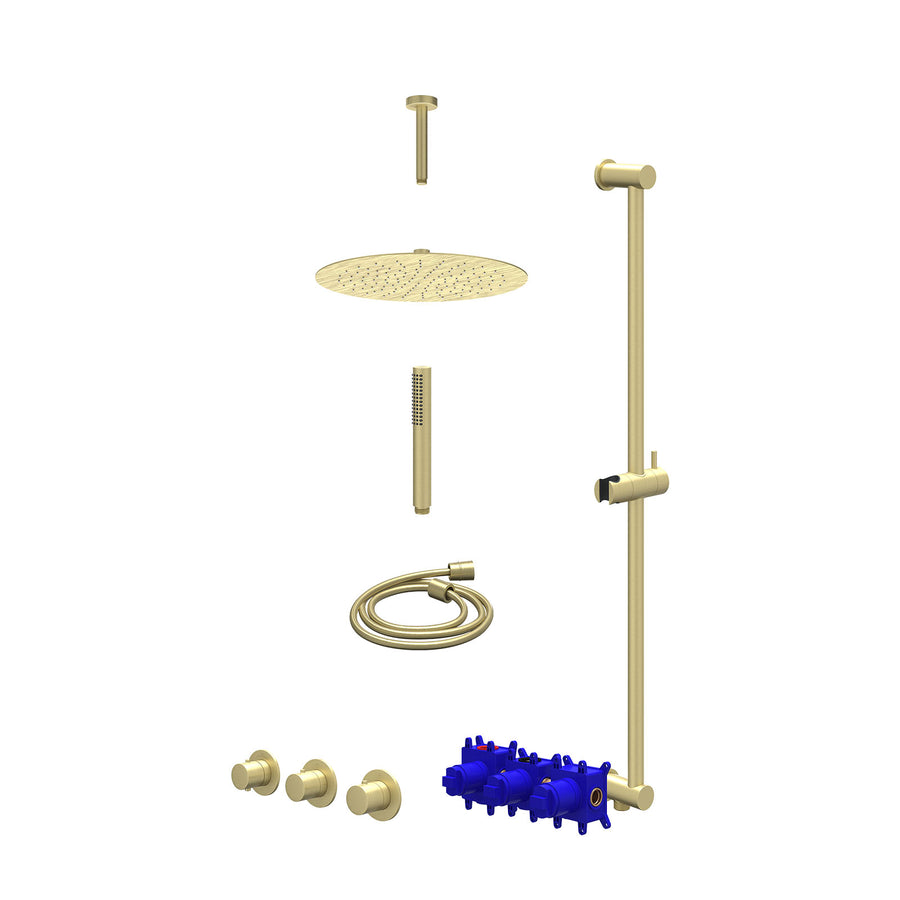IVY Regendoucheset inbouwthermostaatkraan met 2 vaste stopkranen symmetry, plafondbuis 15cm, R30cmSL, glijstang met uitlaat, doucheslang 150cm en staafmodel – Gebr. mat goud PVD