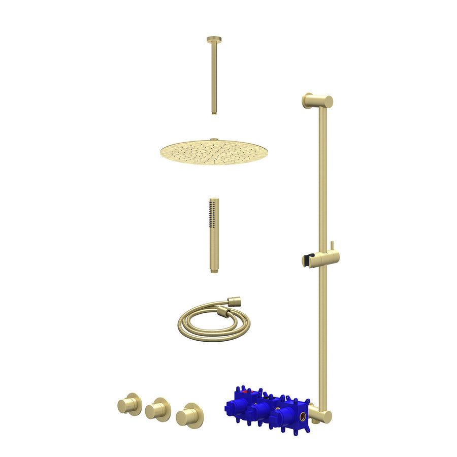 IVY Regendoucheset inbouwthermostaatkraan met 2 vaste stopkranen symmetry, plafondbuis 30cm, R30cmSL, glijstang met uitlaat, doucheslang 150cm en staafmodel – Gebr. mat goud PVD