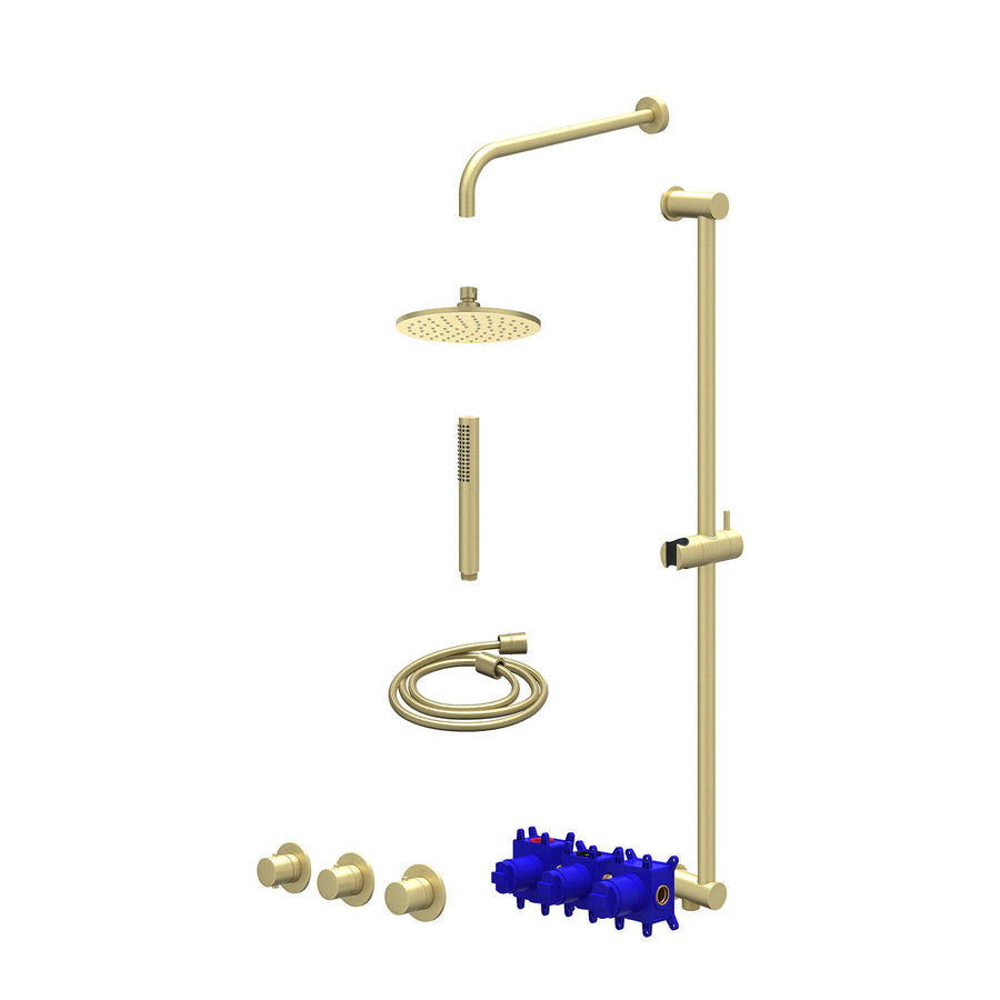 IVY Regendoucheset inbouwthermostaatkraan met 2 vaste stopkranen symmetry, wandarm, R20cmME, glijstang met uitlaat, doucheslang 150cm en staafmodel – Gebr. mat goud PVD