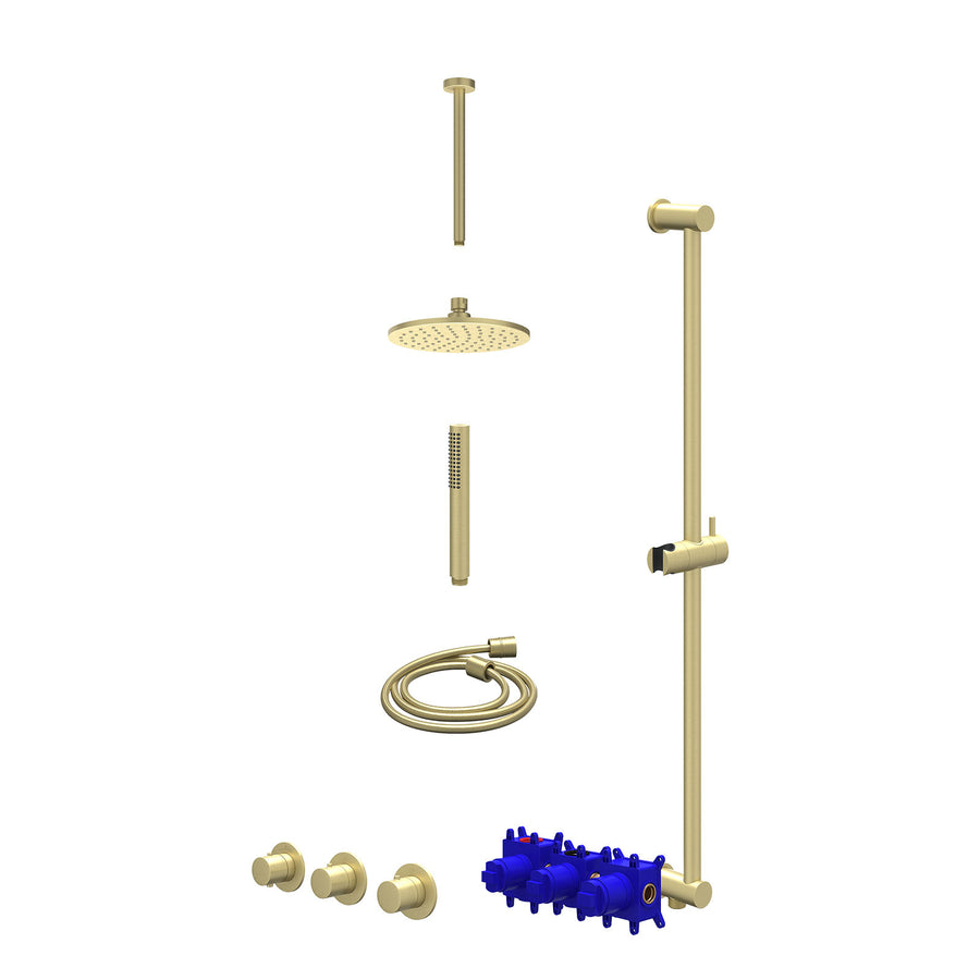 IVY Regendoucheset inbouwthermostaatkraan met 2 vaste stopkranen symmetry, plafondbuis 30cm, R20cmME, glijstang met uitlaat, doucheslang 150cm en staafmodel – Gebr. mat goud PVD