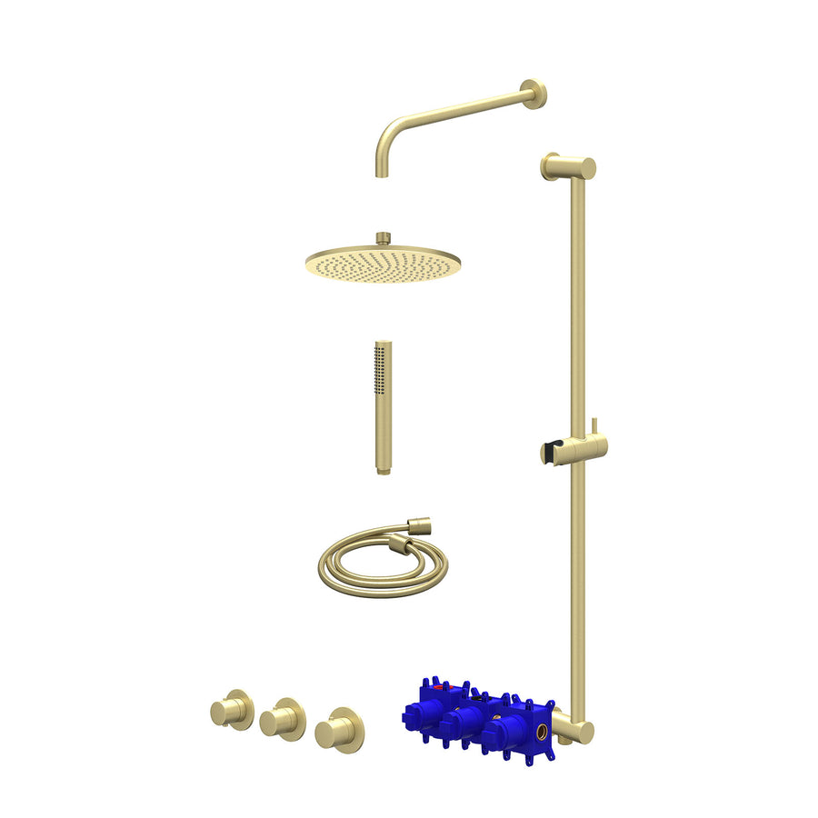 IVY Regendoucheset inbouwthermostaatkraan met 2 vaste stopkranen symmetry, wandarm, R25cmME, glijstang met uitlaat, doucheslang 150cm en staafmodel – Gebr. mat goud PVD