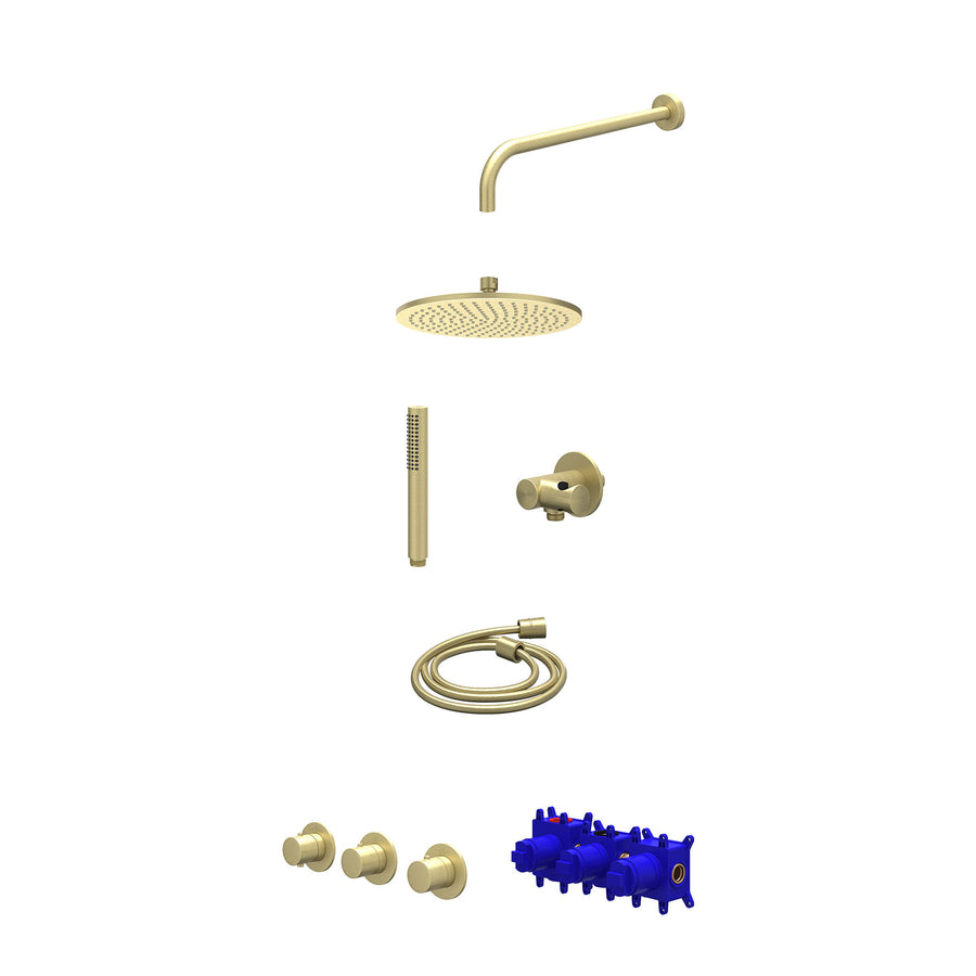 IVY Regendoucheset inbouwthermostaatkraan met 2 vaste stopkranen symmetry, wandarm, R25cmME, verstelbare steun met geïnt. uitlaat, doucheslang 150cm en staafmodel – Gebr. mat goud 