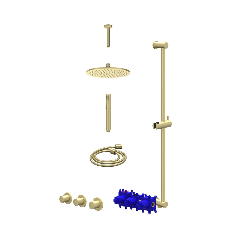 IVY Regendoucheset inbouwthermostaatkraan met 2 vaste stopkranen symmetry, plafondbuis 15cm, R25cmME, glijstang met uitlaat, doucheslang 150cm en staafmodel – Gebr. mat goud PVD