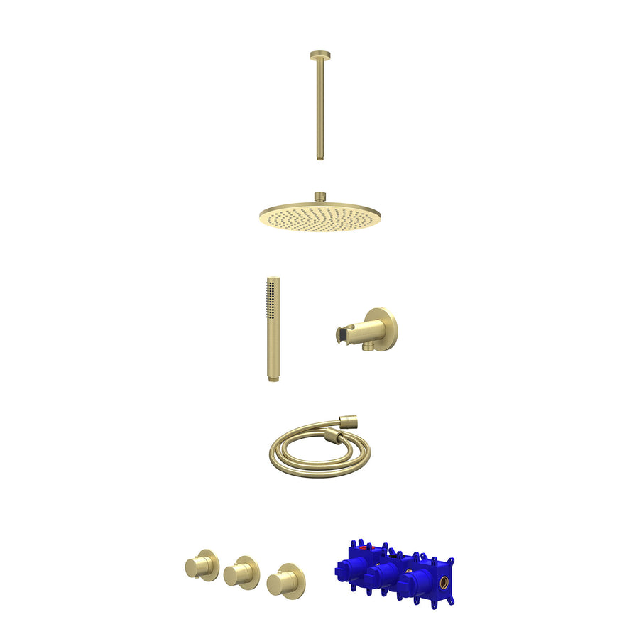 IVY Regendoucheset inbouwthermostaatkraan met 2 vaste stopkranen symmetry, plafondbuis 30cm, R25cmME, houder met uitlaat, doucheslang 150cm en staafmodel – Gebr. mat goud PVD