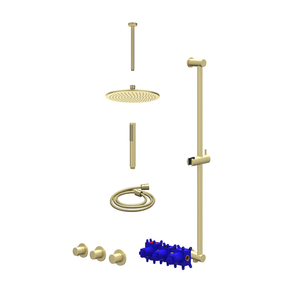 IVY Regendoucheset inbouwthermostaatkraan met 2 vaste stopkranen symmetry, plafondbuis 30cm, R25cmME, glijstang met uitlaat, doucheslang 150cm en staafmodel – Gebr. mat goud PVD