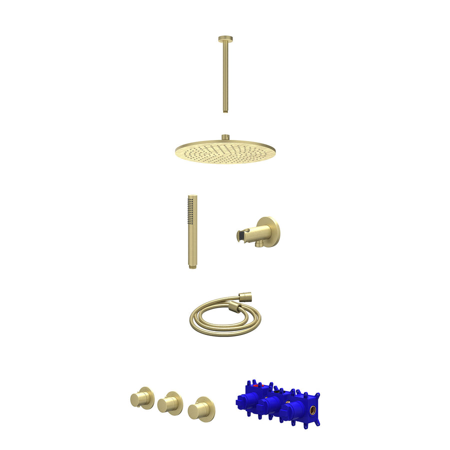 IVY Regendoucheset inbouwthermostaatkraan met 2 vaste stopkranen symmetry, plafondbuis 30cm, R30cmME, houder met uitlaat, doucheslang 150cm en staafmodel – Gebr. mat goud PVD