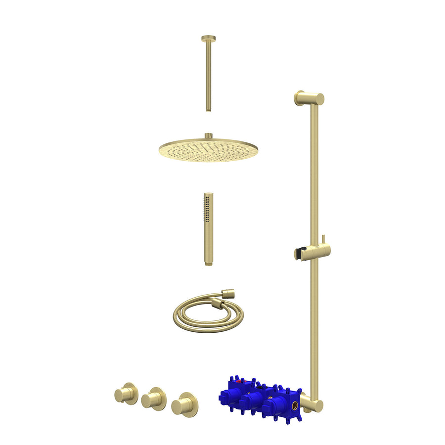 IVY Regendoucheset inbouwthermostaatkraan met 2 vaste stopkranen symmetry, plafondbuis 30cm, R30cmME, glijstang met uitlaat, doucheslang 150cm en staafmodel – Gebr. mat goud PVD