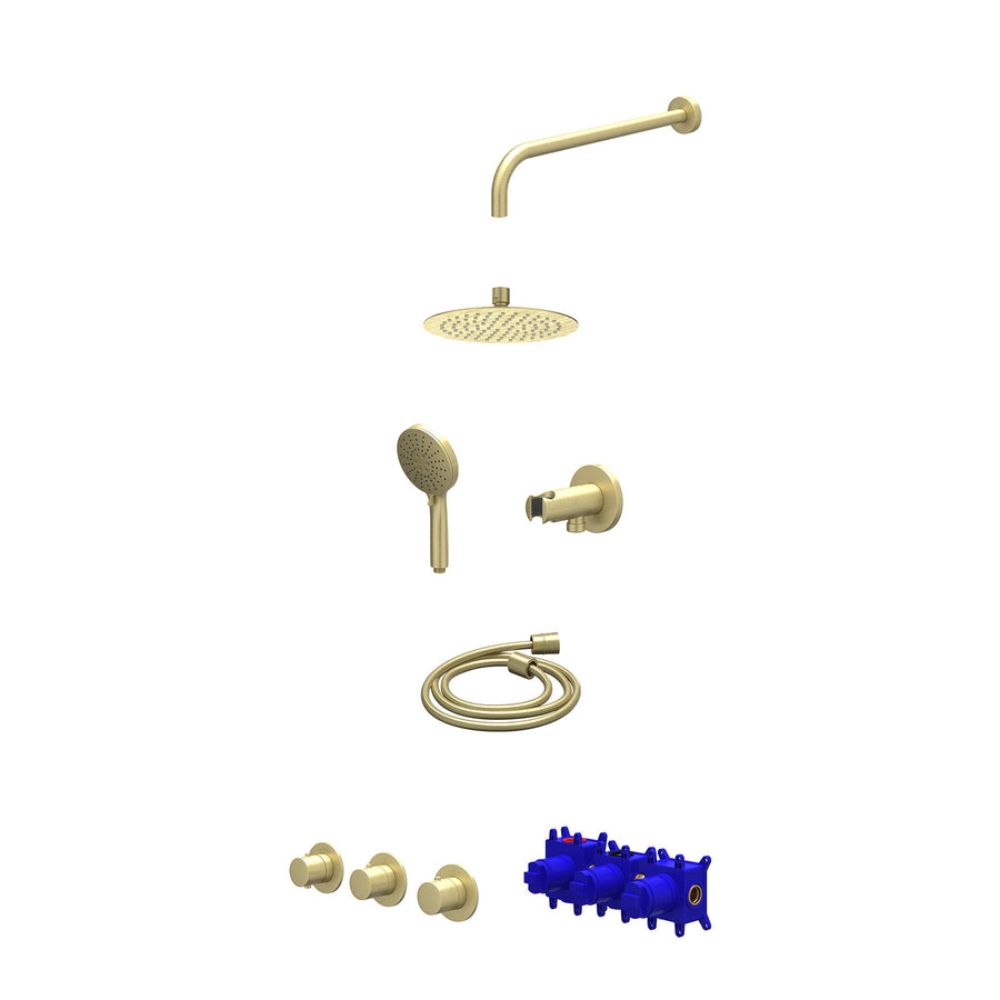 IVY Regendoucheset inbouwthermostaatkraan met 2 vaste stopkranen symmetry, wandarm, R20cmSL, houder met uitlaat, doucheslang 150cm en 3-standen handdouche – Gebr. mat goud PVD