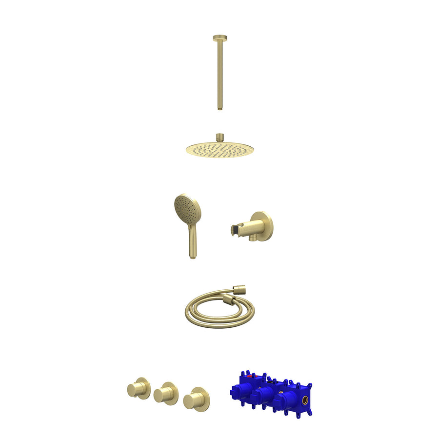 IVY Regendoucheset inbouwthermostaatkraan met 2 vaste stopkranen symmetry, plafondbuis 30cm, R20cmSL, houder met uitlaat, doucheslang 150cm en 3-standen handdouche – Gebr. mat goud