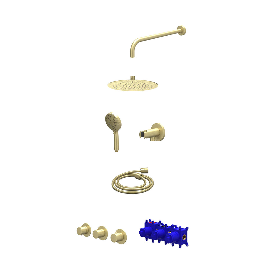 IVY Regendoucheset inbouwthermostaatkraan met 2 vaste stopkranen symmetry, wandarm, R25cmSL, houder met uitlaat, doucheslang 150cm en 3-standen handdouche – Gebr. mat goud PVD