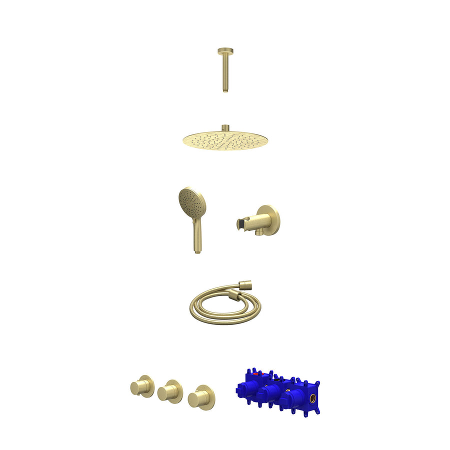 IVY Regendoucheset inbouwthermostaatkraan met 2 vaste stopkranen symmetry, plafondbuis 15cm, R25cmSL, houder met uitlaat, doucheslang 150cm en 3-standen handdouche – Gebr. mat goud