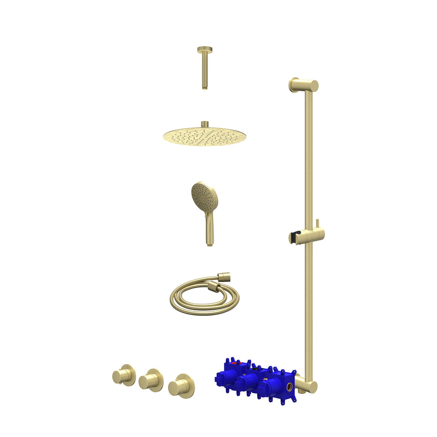 IVY Regendoucheset inbouwthermostaatkraan met 2 vaste stopkranen symmetry, plafondbuis 15cm, R25cmSL, glijstang met uitlaat, doucheslang 150cm en 3-standen handdouche – Gebr. mat g