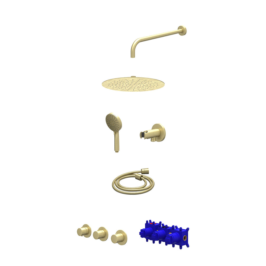 IVY Regendoucheset inbouwthermostaatkraan met 2 vaste stopkranen symmetry, wandarm, R30cmSL, houder met uitlaat, doucheslang 150cm en 3-standen handdouche – Gebr. mat goud PVD