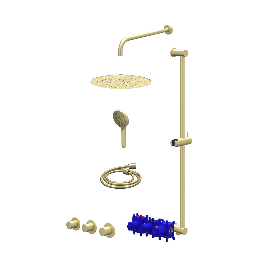 IVY Regendoucheset inbouwthermostaatkraan met 2 vaste stopkranen symmetry, wandarm, R30cmSL, glijstang met uitlaat, doucheslang 150cm en 3-standen handdouche – Gebr. mat goud PVD