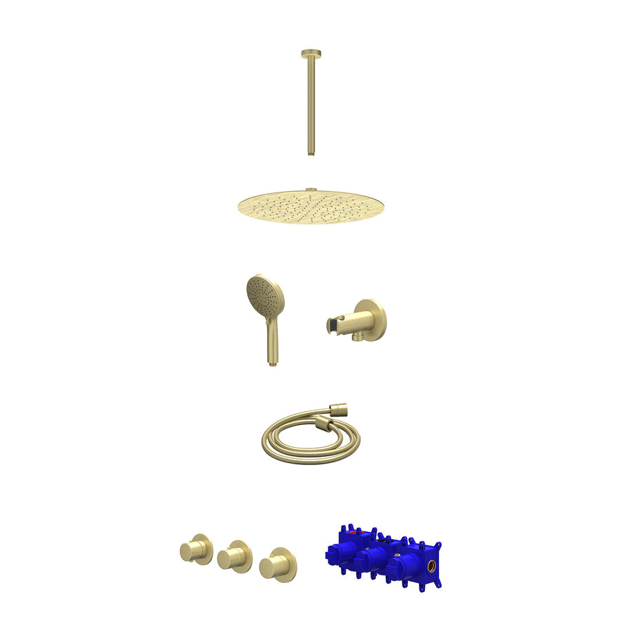 IVY Regendoucheset inbouwthermostaatkraan met 2 vaste stopkranen symmetry, plafondbuis 30cm, R30cmSL, houder met uitlaat, doucheslang 150cm en 3-standen handdouche – Gebr. mat goud